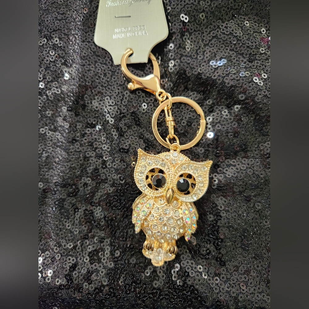 Goldtone Metal Rhinestone Embellished Owl Keychain